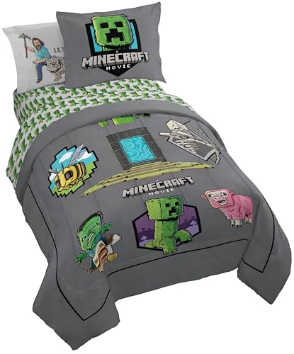 Minecraft Creeper Twin Comforter Set 5 Piece Kids Bedding for Boys Grey