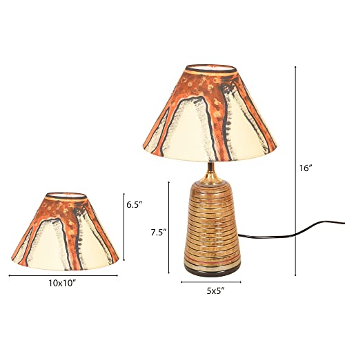 Image of AAKRITI ART CREATIONS Terracotta Table Lamp for Study Room, Bedroom & Living Room Decoration | Abstract Tribal Chevron Pattern Bedside Lamp with Cotton Fabric Shade | Aesthetic Night Lamp
