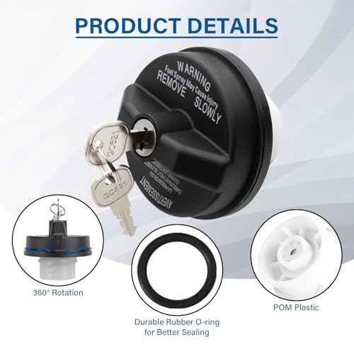 Image of Locking Gas Cap, Lock Fuel Cap with Key Replace 5278655AA For 2000-2020 Dodge Ram 1500 2500 3500,Journey,Caravan,Charger,Dakota,Durango & Jeep Wrangler JK TJ, Liberty & Chrysler 200 300 Sebring