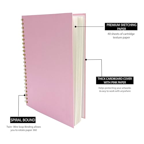 Image of Notehouse A4 Sketchbook Hard Bound Made for Artist 140 GSM Art Notebook (30x21 cm) | 80 White Unruled Pages | Thick Smooth Drawing Paper | Pink Hard Cover