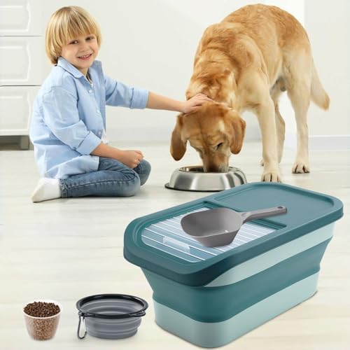 Druuzyl Hundefutter Aufbewahrungsbox 5kg - Faltbarer Futterbehälter für Trockenfutter mit Deckel, Messbecher & Löffel, Luftdicht, Haustierfutter-Container für Hund/Katze mit Faltbare Hundenapf,grün