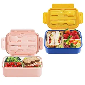 TACGEA 2 Pack Bento Box for Kids and Adults, Lunch Box Food Storage Container with Fork & Spoon, Knife, BPA Free, Microwave, Dishwasher Freezer Safe (Blue+Pink)