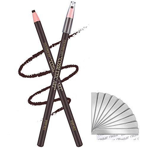 2 Pieces Eyebrow Pencil Eyeliner Pencil Eye Liner Pen Smooth Draw Eyebrow Peel-off Pencil Long Lasting Waterproof Marker Liner with 10 Pieces Eyebrow Trimming Blade Beauty Makeup Tool (Dark Brown)