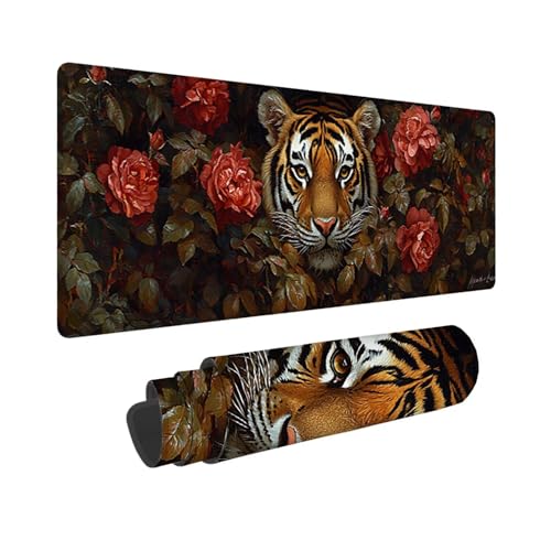 Tapis de Souris Gaming XXL Grand Mousepad 700 x 300 mm, Grand Tapis de Bureau sous Main avec Base en Caoutchouc antidérapante pour Gamer, Améliore la précision et la Vitesse (Fleurs Tigre) C-346