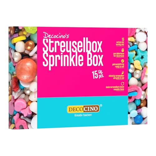 DECOCINO Streusel Box 15 tlg - 15 tolle Farben wiederverwendbare Dosen für Geburtstage Feiern Partys oder Jubiläum bunte Tortendekoration ideal für Kuchen Cupcakes oder Kekse