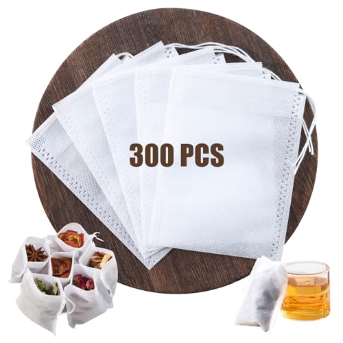PNORTSD 300 PCS Disposable Tea Bags for Loose Leaf Tea, Empty Tea Filter Bags with Drawstring, Fillable Tea Infuser Sachets Suitable for Coffee, Loose Tea, Spice, Herb and More (3.54 x 2.75 inches)