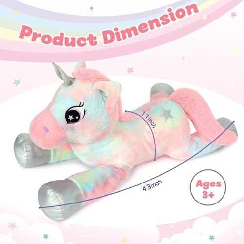 Image of BENINY 43in Giant Unicorn Stuffed Animal Plush Toy, Big Rainbow Cuddly Toys for Girls, Large Birthday Gifts Bedroom Decor