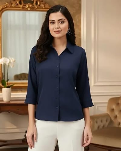 Image of Women's Viscose Rayon Button Down 3 /4 Sleeves Collar Neck Plain Formal Shirt Pack of 1