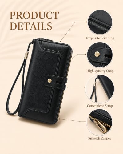 Image of Womens Wallet Rfid Blocking Bifold Leather Wristlet Cute Long Clutch Black | Large Capacity Card Holder Wallet Purse with Zipper,ID Window,Strap for Female Ladies Teen Girls