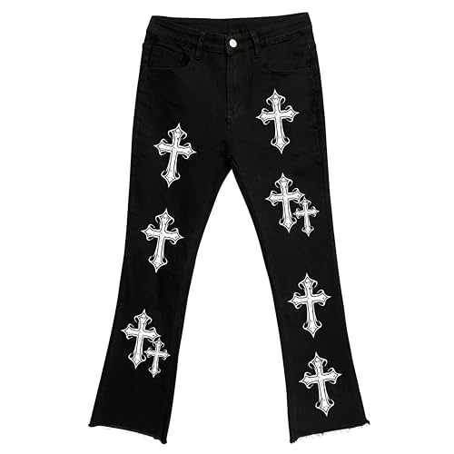 Men's Distressed Cross Print Denim Jeans - Raw Hem Streetwear Pants, Breathable Stretch Club Wear
