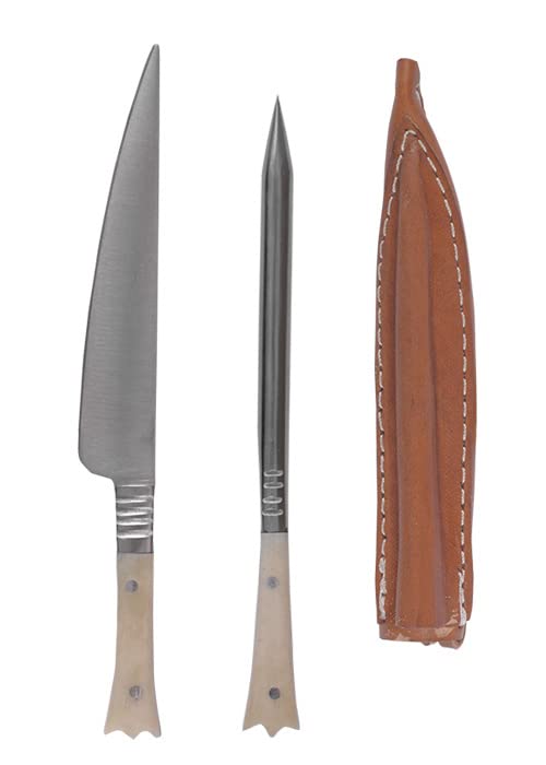 Mittelalter Essbesteck aus Edelstahl inkl. Lederetui, ca. 14 cm, Knochengriffe