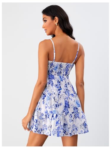 SOLY HUX Women's Summer Sleeveless Mini Dress Floral Sundress Smocked Boho Beach Cami Short Dresses Blue Multi Small - Image 2