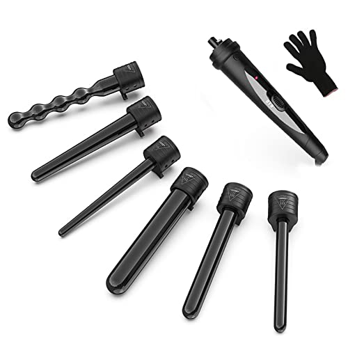 6 in 1 Curling Iron,Curling Wand Set with 6 Interchangeable Curling Wand Ceramic Barrel with Temperature Adjustment,Instantly Heat Up Within 20s,Hair Curler Include Heat Protective Glove Black,KAOER