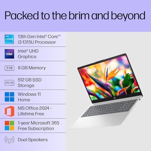 Image of HP 15, 13th Gen Intel Core i3-1315U (8GB DDR4, 512GB SSD), Anti-Glare, Micro-Edge, 15.6'' /39.6cm, FHD, Win 11, M365 Basic(1yr)* Office2024, Silver, 1.59kg, fd0465TU, UHD Graphics, FHD Camera Laptop