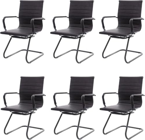Image of HNY Leather Office Guest Chairs & Reception Chairs Set of 6, Modern Waiting Room Chairs with Arms, Desk Chair no Wheels with Sled Base for Waiting Room /Conference Room, Retro Black