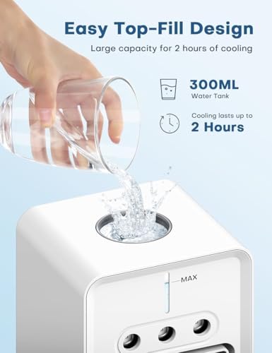 Image of HIFRESH Mini Cooler for Room w /Auto Rotate, 3 Spray Modes, Cold Air, Mini Fan w /Top Ice Chamber, 1 /2 /3 /4H Timer, USB Compatible Air Cooler for Room Cooling, 3 Speeds Small AC, Low Power Consumption