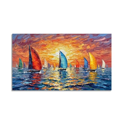 LuxHomeDecor Quadro Barche a Vela Colorate al Tramonto sul Mare – stampa su tela con telaio in legno – 140x70 cm