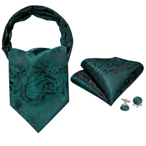 Image of Barry.Wang Ascot Ties Cravat Tie Men Paisley Plaid Scarf Self Tie Pocket Square Cufflinks Set Wedding Party