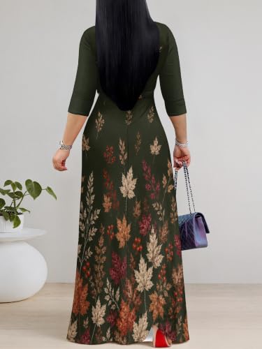 Image of PinkPatty Women's Plus Size Maxi Dresses Casual Flowy 3 /4 Sleeves Dress Printed Vacation Dress for Daily Wear with Belt