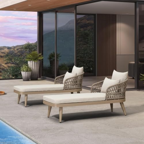 Image of PURPLE LEAF Patio Chaise Lounge Chair with 2 Thick Pillows Champagne