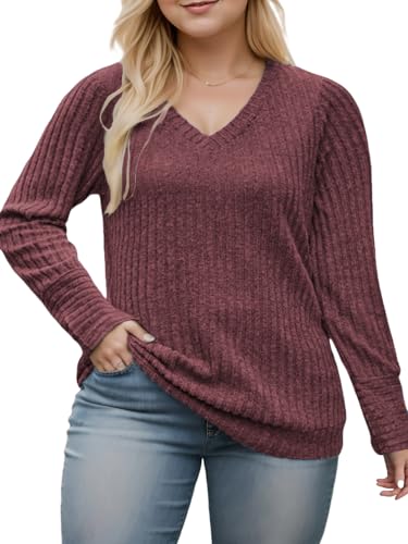 Image of VISLILY Womens-Plus-Size-Dressy-Tops Casual V Neck Long Sleeve Knit Sweater
