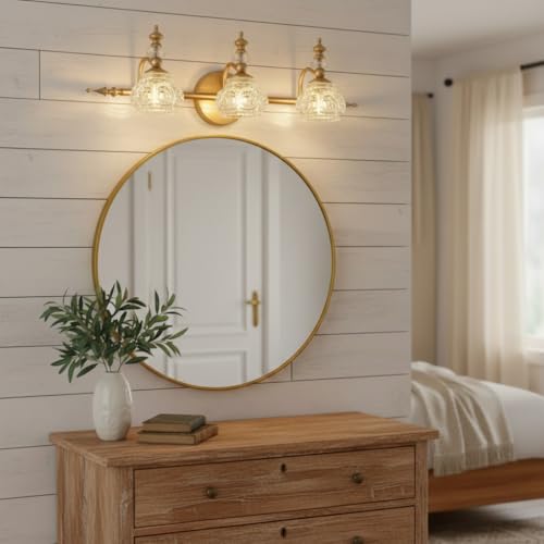 Image of Bathroom Vanity Light Fixtures, Farmhouse Vintage Wall Sconce Lighting with Glass Shade, Bath Vintage Wall Mounted Lamps for Mirror (3 Lights,Gold,G9 Base)