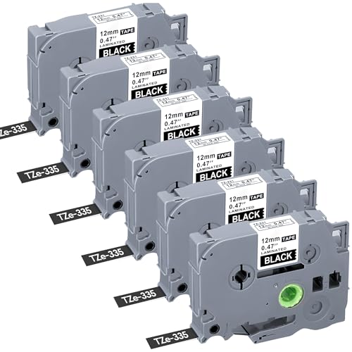 6-Pack TZe-335 Label Tape White on Black Replacement for Brother TZe335 TZ-335 P Touch Label Tape 12mm 0.47 Laminated TZe TZ Tape Work with Brother PT-D210 PT-D220 PT-H110 PT-H100 D400AD Label Maker
