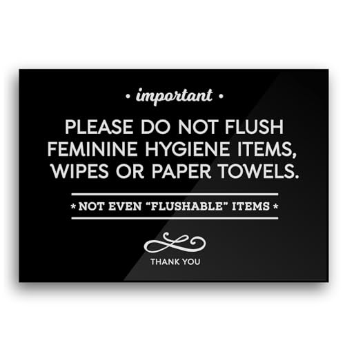 Reilly Originals 3.5x5 Inch Designer Bathroom Sign, Do Not Flush Feminine Hygiene Items, Wipes, Paper Towels ~ Ready to Stick ~ Premium Finish, Durable