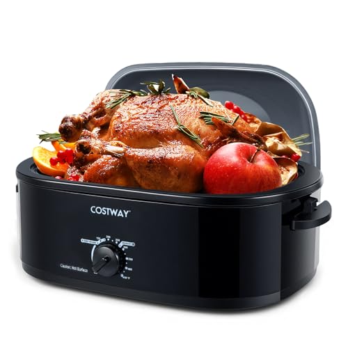 COSTWAY 18 Qt. Electric Turkey Roaster Oven 1450W with Self-Basting Lid, 150-450°F Full-range Temperature Control, Defrost & Warm Function, Removable Pan & Rack, Fits 24-lb Turkey, Black
