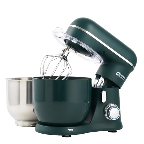 Kitchen in the box Mini mixer per alimenti da forno, con due ciotole da 3,5 l, gancio per impasto, frusta, frusta, 10 impostazioni di velocità, portatile, leggero, per uso quotidiano (verde scuro)