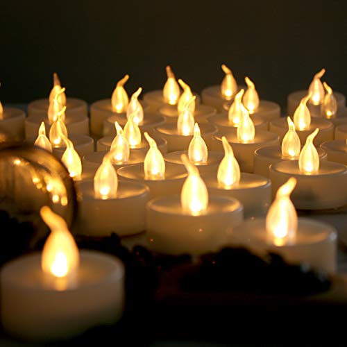 Image of 60 Pack Battery Operated Flameless LED Tea Lights Realistic Flickering Electric Votive Tealight Candles Set Bulk Halloween Pumpkin Jack O Lantern Party Wedding Decorations Centerpieces Batteries Incl.