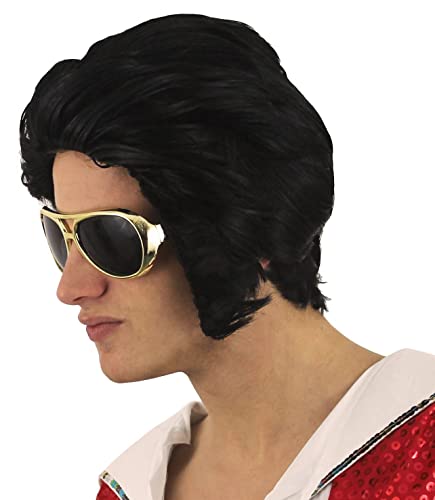Peluca de Elvis para adultos, accesorio de disfraz de rey del rock, peluca de músico Quiff Rock N Roll, estrella de los años 50, pelo sintético negro