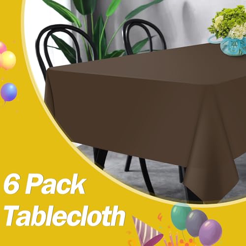 Image of tujol Brown 6 Pack Plastic Table Cloth 54 inch x 108 inch, Disposable Tablecloths Rectangle Table Cover, Plastic Tablecloths for Parties