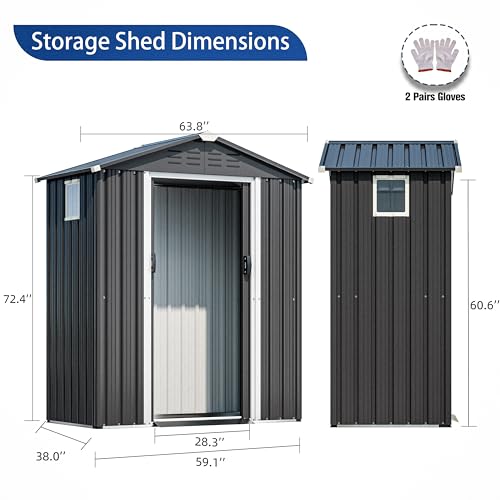 Image of JY QAQA 5x3 FT Metal Outdoor Garden Storage Shed,Waterproof Metal Garden Sheds with Window and Lockable Double Door,Weather Resistant Steel Tool Storage House Shed forPatio,Lawn (Gray)