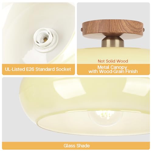 Image of Mid Century Modern Schoolhouse Semi Flush Mount Ceiling Light, Cream Glass Lamp with Wood Grain Metal Base, Rustic Farmhouse Lighting Fixture for Bedroom, Hallway, Dining, Living, Entryway