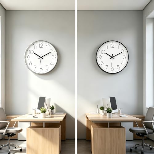 Image of 2 Pack Black&Silver Wall Clock 12 inch Silent Wall Clocks Battery Operated | Office Kitchen Living Room Bedroom