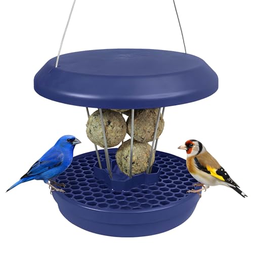 SWISSINNO Vogelfutterhaus zum Aufhängen – Lucerne SMART Birds - Meisenknödelhalter mit Auffangschale - Futterstation Rattensicher - Vogelfutterspender für 7 Meisenknödel - Indigo