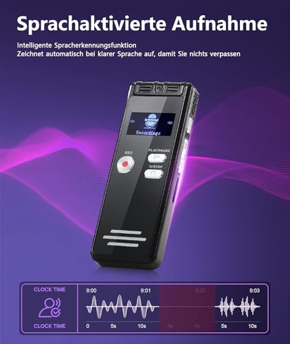 128GB NekSide Diktiergerät Aufnahmegerät, Type-C Interface Tonbandgerät One-Touch-Aufnahme MP3, 3072kbps Diktiergerät Digital Voice Recorder, HD Dual MIC Aufnahmegerät für Vortrag, Meeting, Interview