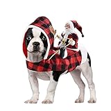CooShou Dog Christmas Costume Running Santa Claus Riding on Pet Christmas Winter Plaid Hoodie Coat for Dog Cat Christmas Holiday Outfit Pet Xmas Dog Clothes S