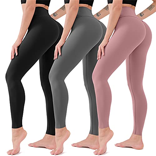 QUXIANG 3 Pack Leggings for Women Tummy Control High Waisted No See Through Squat Proof Workout Sports Yoga Pants Best for Athletic Running Gym 4 Way Stretch Buttery Soft (Black Grey Pink, S M)