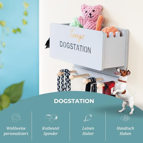 INEXTERIOR Hundegarderobe CLASSIC aus Holz - personalisierbar - in Deutschland handgefertigt - Aufbewahrung für Hundeleinen (Grau, Schriftzug Dogstation + Name)