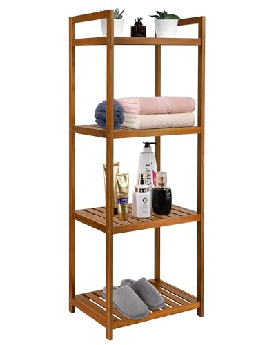 Utoplike Teak Wood Bathroom Shelf Organizer Stand Standing Shelves Shower Caddy Units Freestanding 4 Tier Bath Storage for Floor Kitchen Office