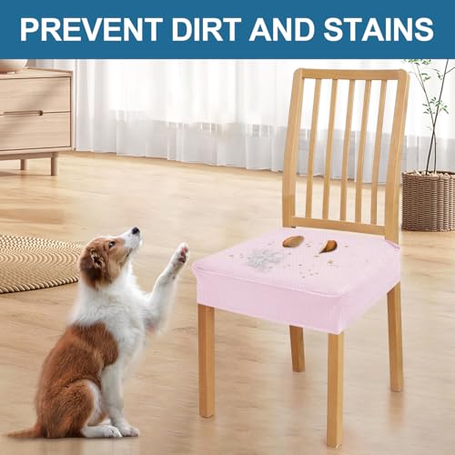 Image of Smiry Waterproof Seat Covers for Dining Room Chairs, No Rear Covers | Stretch Jacquard Removable Washable Chair Seat Slipcovers Protector, Set of 6, Pink