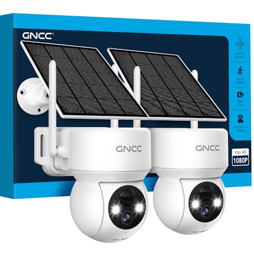 GNCC 2PCS Camera Surveillance WiFi Exterieure sans Fil Batterie-Panneau Solaire, 360° PTZ, 2MP Camera Solaire Exterieur, Détection Humaine PIR, Vision...