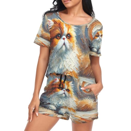 Pyjama chat peinture d'huile ensemble anti-transpiration chemise et pantalon femme S