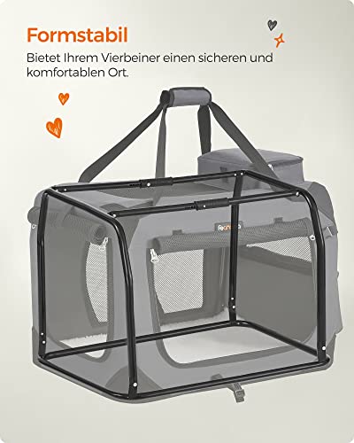 Feandrea Hundebox faltbar, Transportbox Hund, XL, Hundetasche, Oxford-Gewebe, Netzstoff, atmungsaktiv tragbar transportabel, Metallrahmen, mit Griffen, Taschen, 81 x 58 x 58 cm, grau PDC008G01