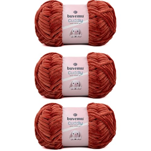 Image of Cuddly Velvet Chenille Yarn, Super Soft Fluffy Bulky for Knitting Crocheting Blanket Amigurumi, Durable for Shedding, 100 Gram (3.53 Ounces) 109 Yards (100 Meters) (Brick) (3 Skeins)