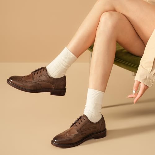 Image of BEAU TODAY Oxford Shoes for Women,Leather Brogue Dress Shoes,Comfort Brethable Ladies Lace-up Handmade Wingtip Shoes for Business Work