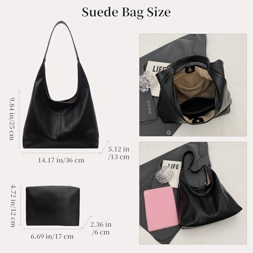 Image of Leather Hobo Bags for Women Slouchy Tote Bag Retro PU Leather Purse Soft Shoulder Handbags Large Work Tote Bag 2pcs