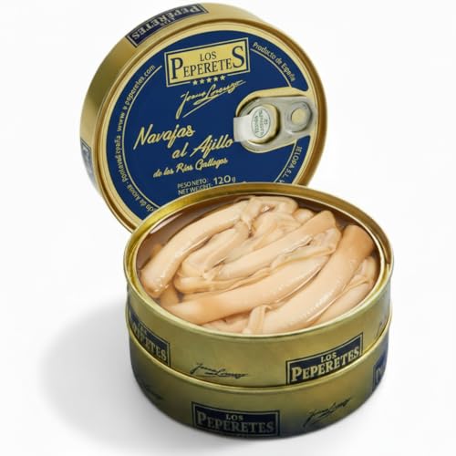 LOS PEPERETES Navajas al Ajillo 120 g | Lata Marisco Gallego Gourmet | Elaboración Artesanal | Conserva Premium con Aceite de Oliva, Ajo y Guindilla | Sabor Tradicional de Galicia
